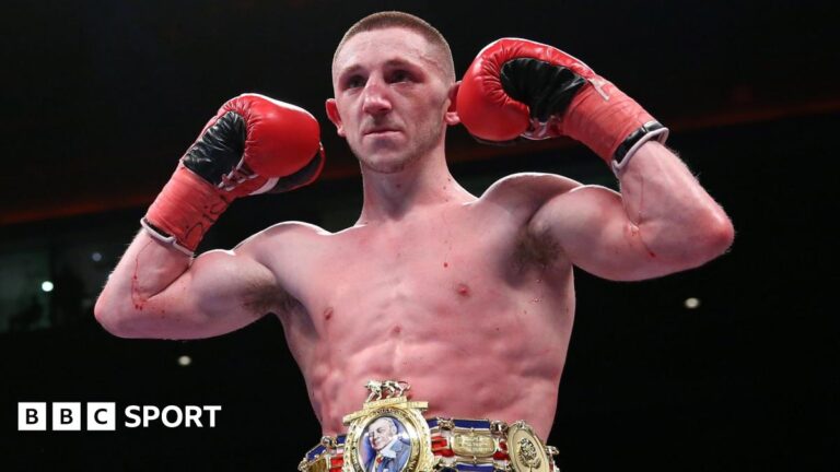 Jazza Dickens celebrates his win over Josh Wale to claim the Vacant British Super-Bantamweight Championship