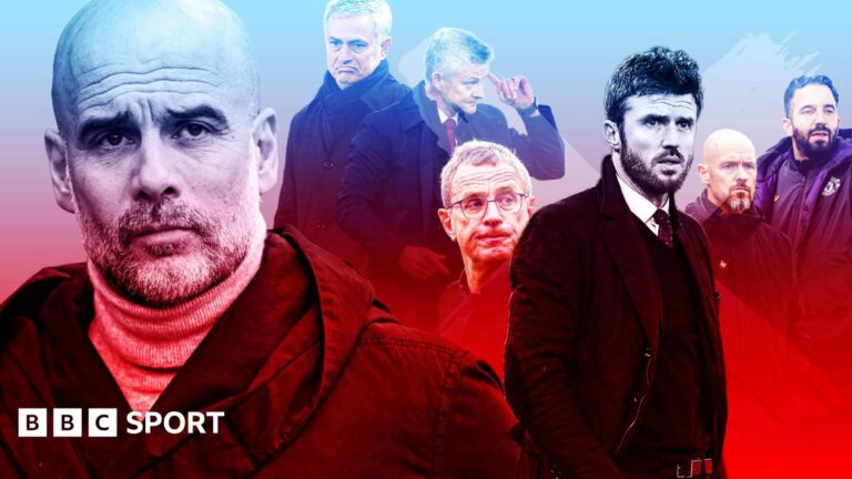 Manchester derby: How Man City boss Pep Guardiola has outlasted five Man Utd managers Pep Guardiola and Man Utd managers, with the Man City boss in a red and blue tinted composite picture with Jose Mourinho, Ole Gunnar Solskjaer, Ralf Rangnick, Michael Carrick, Erik ten Hag and Ruben Amorim