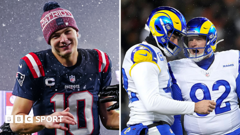 NFL play-offs: Los Angeles Rams and New England Patriots reach Conference Championships Drake Maye and Harrison Mevis smiling after earning play-off wins