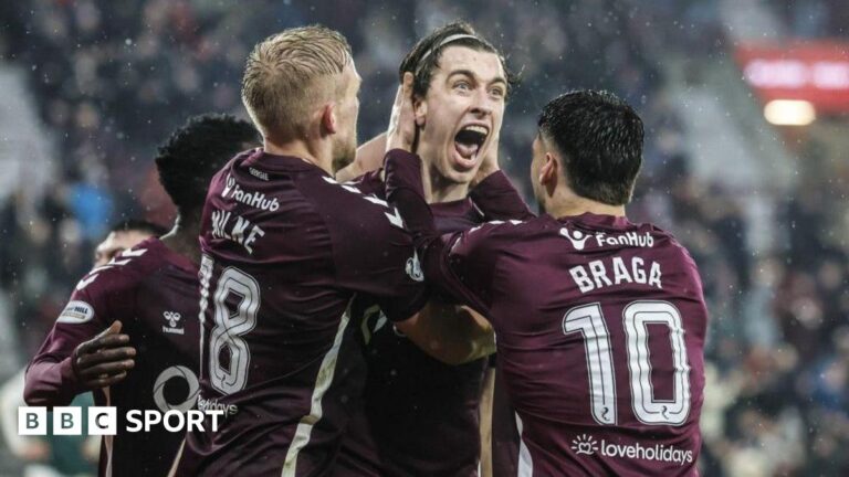 Hearts midfielder Tomas Magnusson (centre) is mobbed by teammates