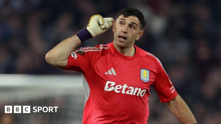 Emi Martinez: Aston Villa goalkeeper puts them closer to Europa League glory under Unai Emery Emi Martinez gestures