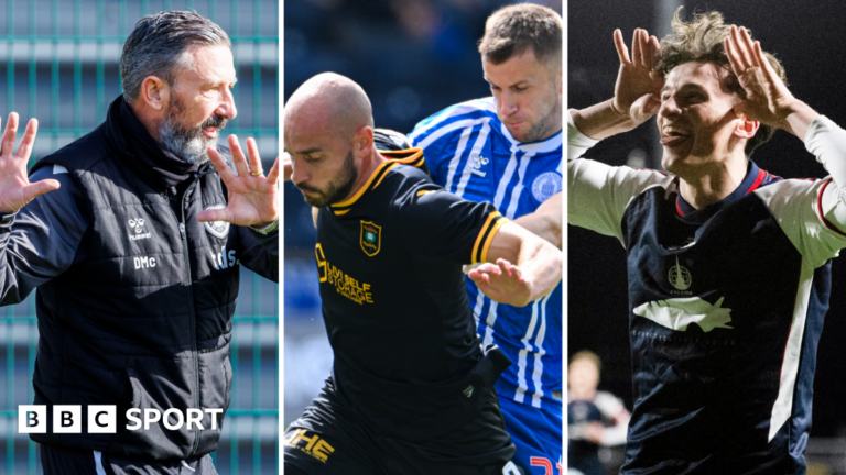 Scottish Premiership: Kilmarnock v Livingston, McInnes & Stewart in focus Hearts' Derek McInnes, Livingston's Scott Pittman, Kilmarnock's Liam Polworth and Falkirk's Barney Stewart