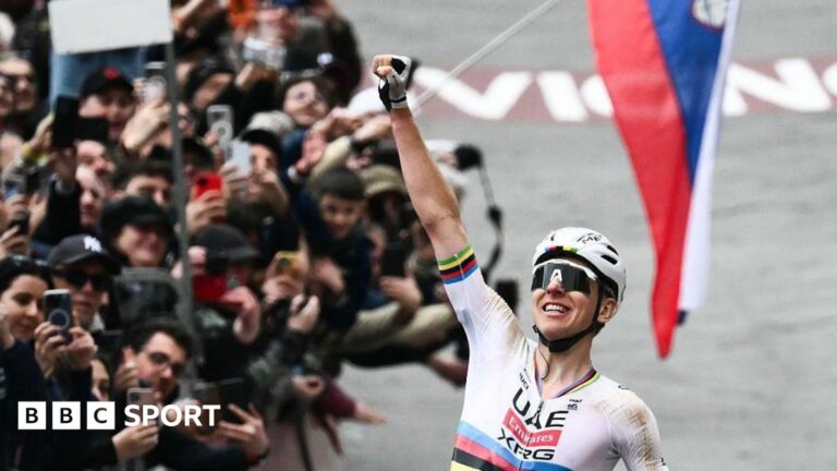 Strade Bianche: Tadej Pogacar wins Italian one-day classic for record fourth time Tadej Pogacar celebrates winning the 2026 Strade Bianche