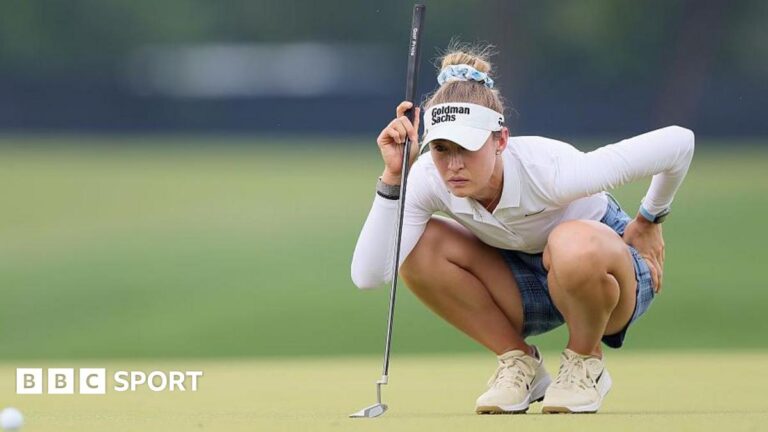 Nelly Korda of the United States lines up a putt on the sixth green during the third round of the Chevron Championship