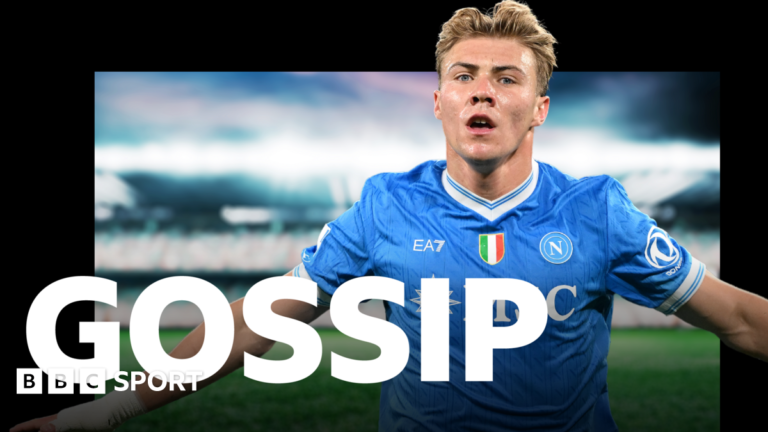 Football gossip: Hojlund, Summerville, Vicario, Senesi, Kroupi, Casemiro, Vinicius Jr, Xavi, Slot Goalkeeper Alisson Becker, wearing a dark grey Liverpool shirt with yellow stripes on the shoulders, clenches his gloved fists and roars in celebration, at the right-hand side of the graphic, with 'gossip' written in big white letters along the bottom