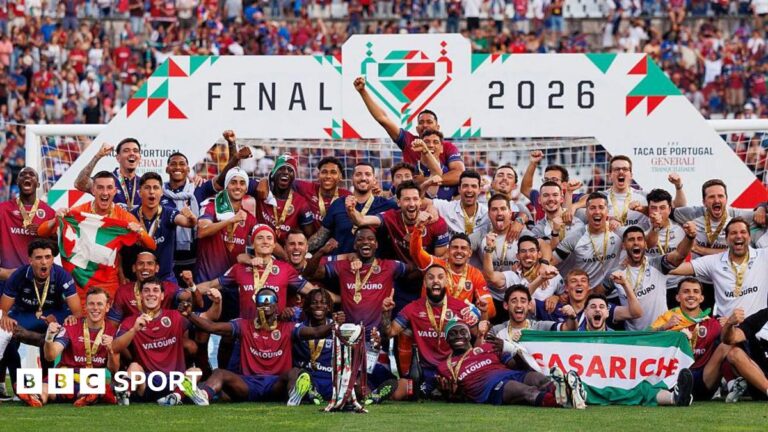 Torreense players celebrate their victory following the Taça De Portugal Final match against Sporting