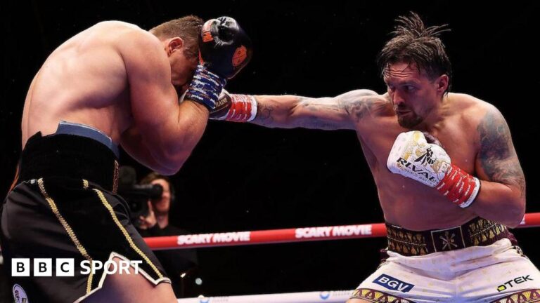 Usyk vs Rico: Ukrainian heavyweight champion stops novice in controversial 11th-round stoppage win Oleksandr Usyk lands a punch on Rico Verhoeven
