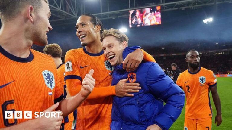 Matthijs de Ligt of Holland, Virgil van Dijk of Holland, Frenkie de Jong of Holland celebrate qualifying for the 2026 FIFA World Cup