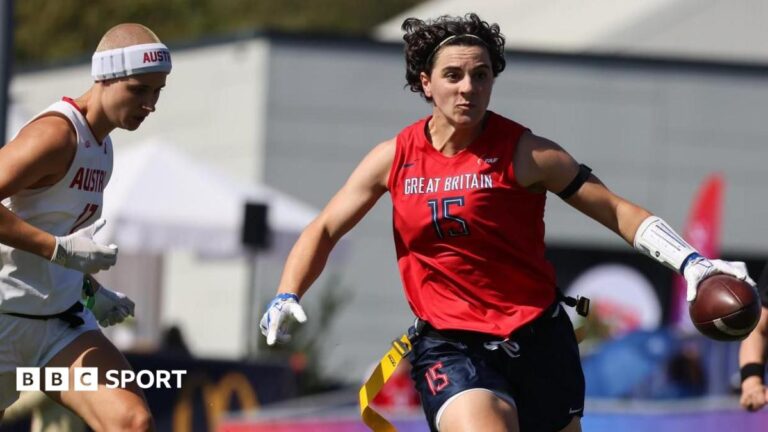Emily Kemp runs the ball for Great Britain against Austria in the 2026 flag football World Championships