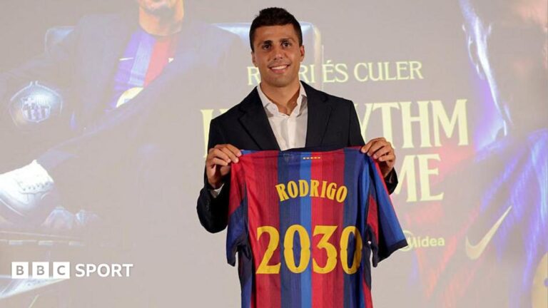 Rodri joins Barcelona from Man City in £65m deal Rodri holds up a Barcelona shirt