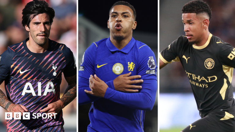 Sandro Tonali, Morgan Rogers and Savinho are shown in Tottenham, Chelsea and Manchester City shirts