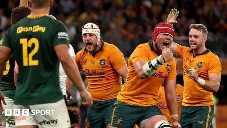 Australia beat South Africa while down to 11 men in thrilling Test Australia celebrate a try against South Africa