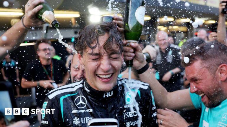 Azerbaijan Grand Prix: George Russell ‘comes through other side’ after ‘real tough period’ George Russell celebrating with Mercedes team members pouring champagne over him
