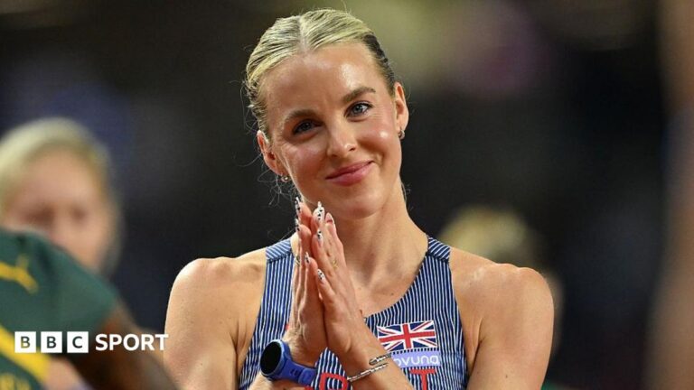 Keely Hodgkinson: Great Britain’s Olympic 800m champion reveals hamstring abnormality Head and shoulders of Keely Hodgkinson, wearing a blue GB vest with thin white stripes, standing with her hands together in front of her chest