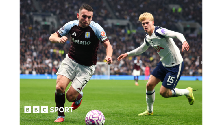 Premier League: Match of the Day highlights and listen on the BBC Aston Villa's John McGinn and Tottenham's Lucas Bergvall compete for the ball
