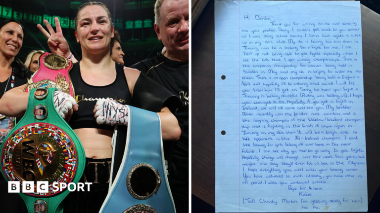 Taylor vs Pili: ‘How far we have come’ – Deirdre Gogarty writes back to Katie Taylor A split image. On the left is an image of Katie Taylor holding her world title belts, with a letter from Katie Taylor to Deirdre Gogarty on the right.